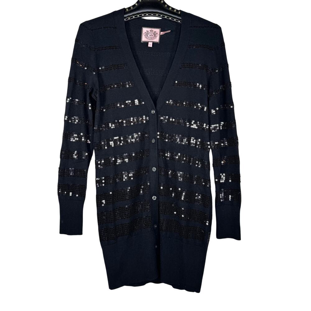 Juicy Couture Black Sequin Stripe Knit Cardigan Small Cotton/Angora/Wool